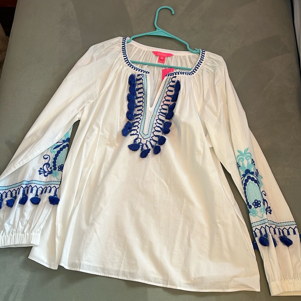 Lilly Pulitzer, XL blouse. Kaydence Tunic Top. Resort White X Boreali